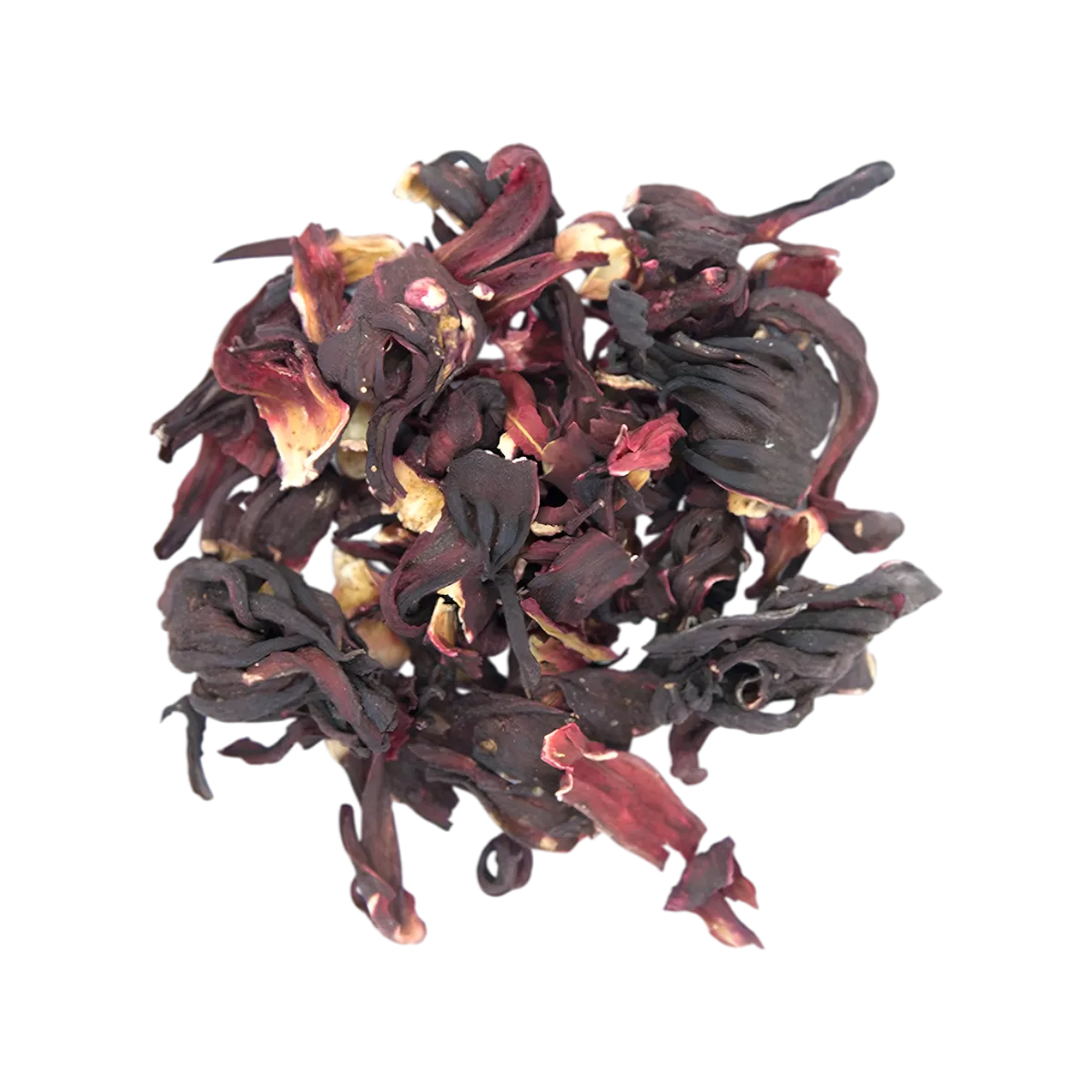 Fleurs séchées d'hibiscus utilisées dans l'infusion hibiscus gingembre bio, connues pour leurs vertus antioxydantes et leur goût acidulé.